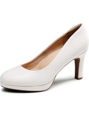 Women White PU Close Toe Low Kitten Heels Pump Comfortable Office Dress Shoes